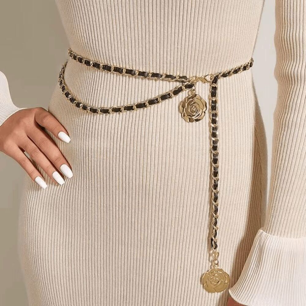 New Gold Black Rose Camellia Flower Charms Interwoven Chain Belt